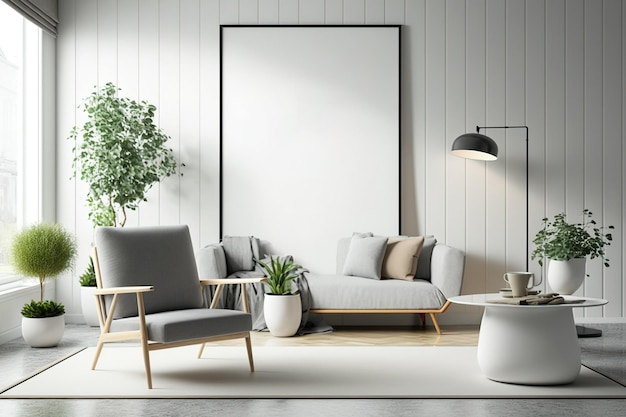 Zeitgenössischer Minimalismus eine nachempfundene Werbetafel und ein skandinavisch dekoriertes Wohnzimmer
