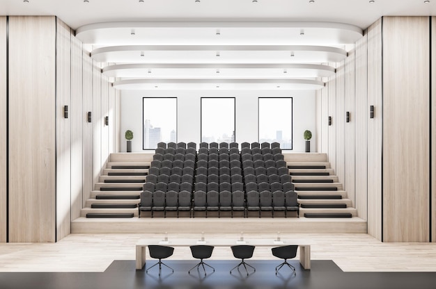 Zeitgenössisches Auditorium aus Holz mit Sitzgelegenheiten, Blick auf die Stadt und 3D-Rendering bei Tageslicht