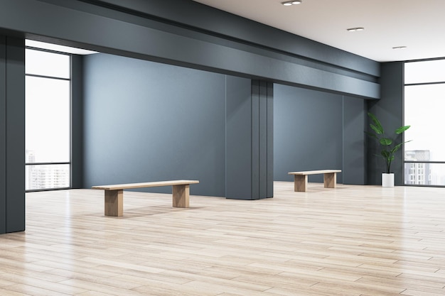 Zeitgenössisches Ausstellungssaalinterieur mit leerem Mock-up Platz an der Wand Panorama-Fenster und Stadtblick Tageslicht und Holzboden 3D-Rendering