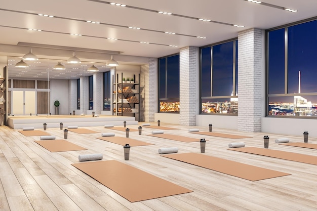 Zeitgenössisches Beton-Yoga-Fitness-Interieur mit Ausrüstung Nachtstadtblick und Holzboden Gesundes Lifestyle-Konzept 3D-Rendering