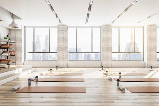 Foto zeitgenössisches beton-yoga-fitnessstudio mit tageslicht und holzböden gesundes lifestyle-konzept 3d-rendering