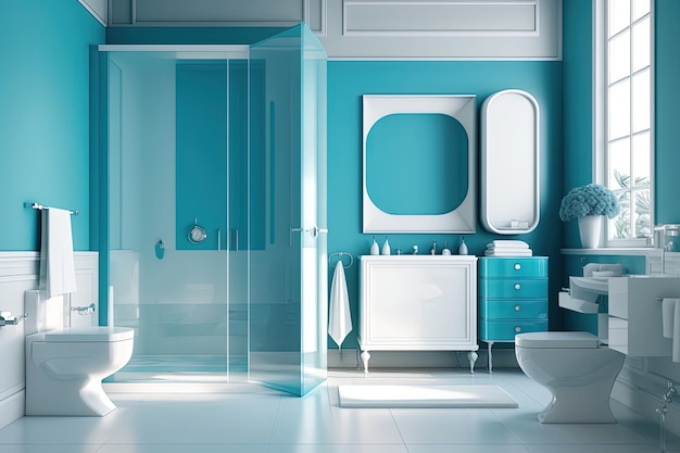Zeitgenössisches blaues Badezimmer mit weißem Waschtisch und Glasduschtür