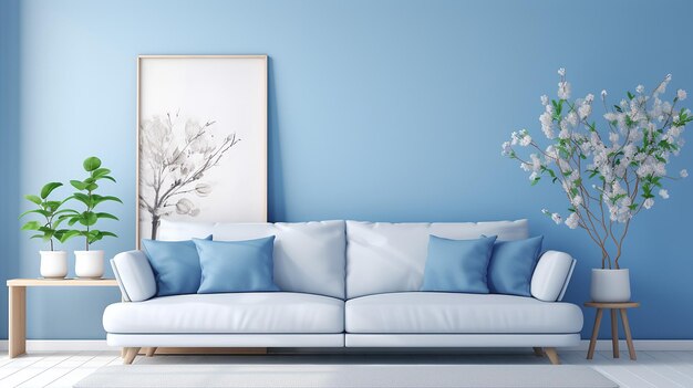 Zeitgenössisches blaues Wohnzimmer mit Sofa und Möbeln