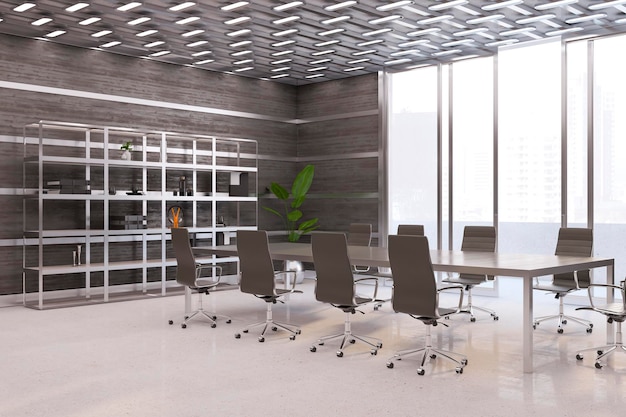Zeitgenössisches Boarding-Zimmer-Interieur mit Panoramafenstern, Stadtblick und Möbeln Holz- und Betonwände und -boden Kommerzielles Arbeitsplatzkonzept 3D-Rendering