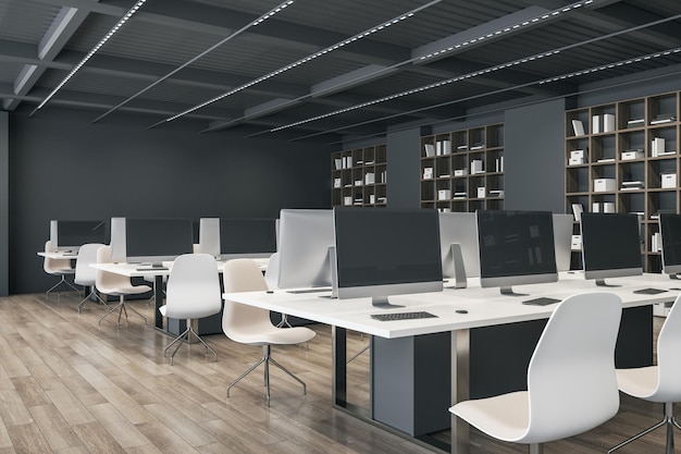 Zeitgenössisches Designer-Coworking-Büro-Interieur mit Holzboden, Möbel, Bücherregal und Ausrüstung 3D-Rendering