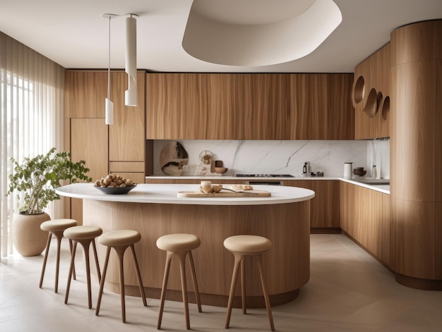 Zeitgenössisches Esszimmer und Küche aus Holz mit generativer KI