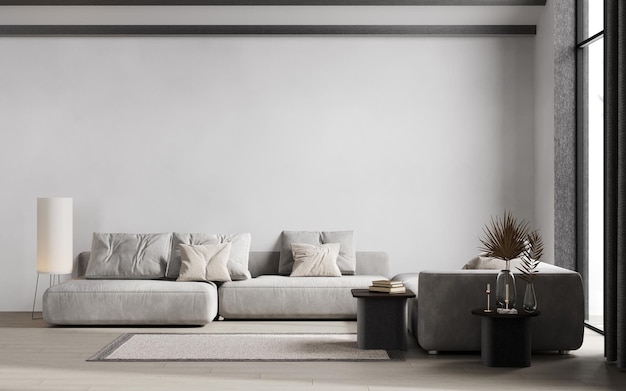 Zeitgenössisches grau-weißes Interieur mit Möbeln und Dekor 3D-Darstellungsmockup