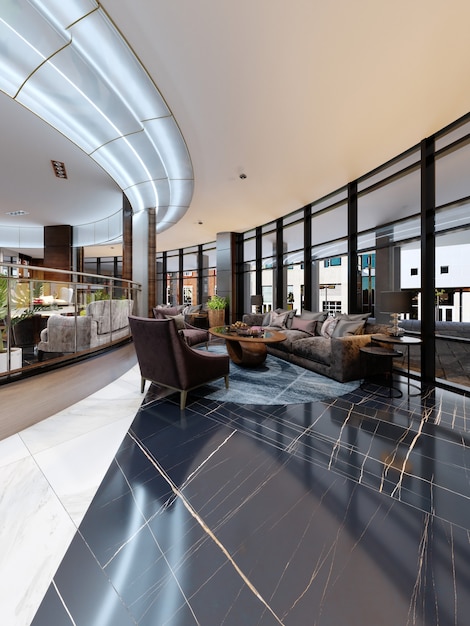 Zeitgenössisches Hotel-Innendesign, Hotellobby, Ruhebereich mit komfortablen modernen Möbeln. 3D-Rendering