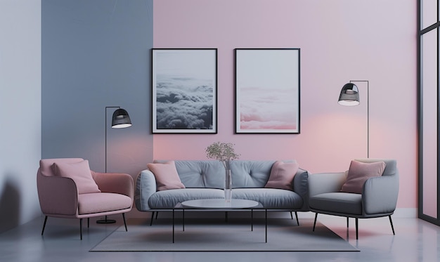 Zeitgenössisches Interieur im Tageslicht mit Sofa oder Couch mit Sesseln und Lampen und Bilderrahmen