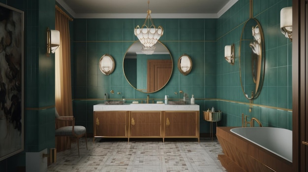 Zeitgenössisches Luxus-Art-Deco-Badezimmer, smaragdgrüne Wände, goldgerahmte Spiegel, vergoldete Armaturen und