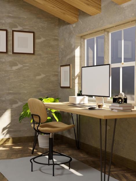 Zeitgenössisches skandinavisches Heimarbeitsplatz-Interieur mit einem Computer und Zubehör auf einem Holztisch