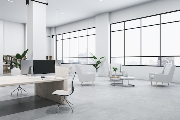 Zeitgenössisches weißes Loft-Coworking-Büro-Interieur mit Panoramafenster-Möbelausstattung und ohne Personen 3D-Rendering