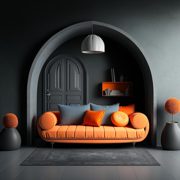 Zeitgenössisches Wohndesign, orangefarbenes Sofa und schwarze Betonstuckwand im Wohnzimmer mit Bogentür, generative KI