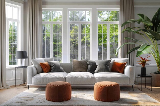 Zeitgenössisches Wohnzimmer mit gemütlichem Sofa am Fenster
