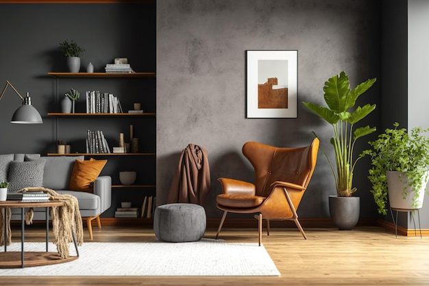 Zeitgenössisches Wohnzimmer mit grauen Betonwänden und Holzböden. Kopierwand. Couchtisch mit Pelzteppich, Vase und Büchern. Braune Ledersessel-Stehleuchte