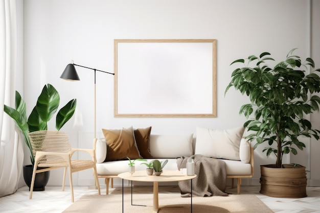 Zeitgenössisches Wohnzimmer mit leerem horizontalen Posterrahmen und natürlichem Licht