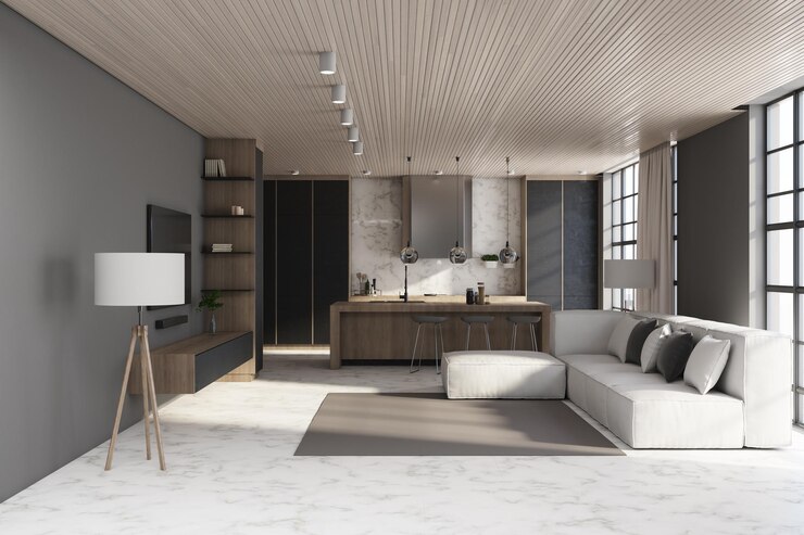Foto zeitgenössisches wohnzimmerinterieur mit bequemer couch, blick auf die stadt und tageslicht-3d-rendering