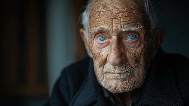 Zeitgeschnittenes Gesicht eines nachdenklichen älteren Mannes mit tiefen blauen Augen