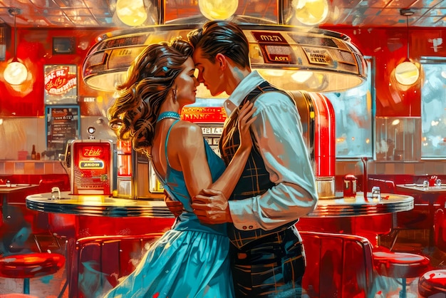 Zeitlose Liebe in einem Retro-Diner eine romantische Umarmung an der Jukebox