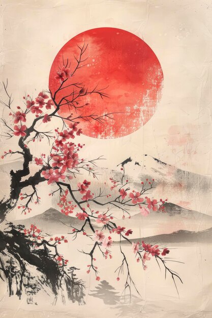 Zeitlose Ruhe Vintage japanische Landschaft, die Kirschblüten und die rote Sonne in traditionellen Aquarellen festhält