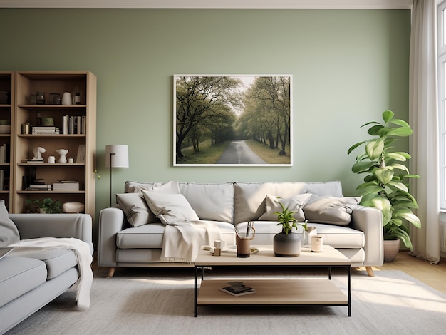 Zeitloses grünes Wohnzimmer mit natürlichem Dekor AI Generative