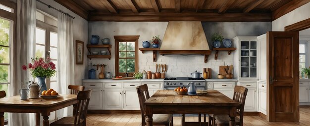 Foto zeitloses kulinarisches erbe aquarell handzeichnung der klassischen homestead-küche mit frischem blumen-c