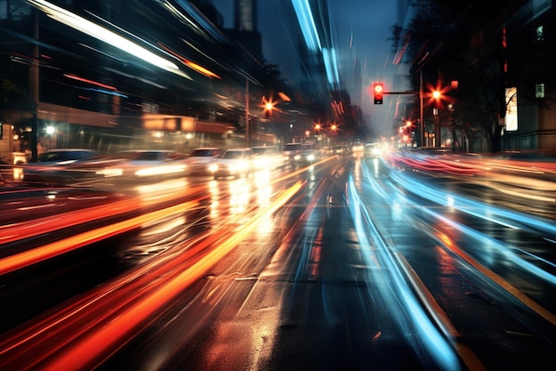 Zeitrafferfoto einer belebten Kreuzung mit Scheinwerfer- und Rücklichtstreifen