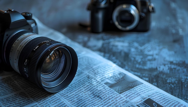 Zeitung mit Mikrofon und Fotokamera auf dunklem Hintergrund Nahaufnahme