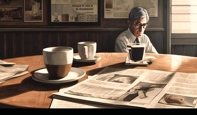 Zeitungen und eine Tasse Kaffee auf einem Holztisch