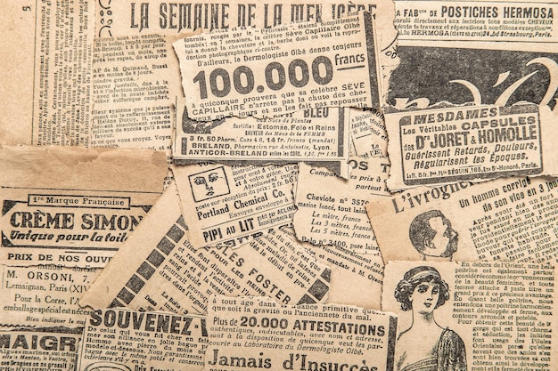 Zeitungsstücke, alte Werbung, alte Zeitschriftenstrips