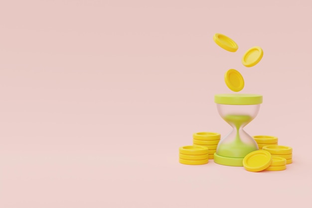 Zeitwert des Geldkonzepts mit Sanduhr- und Münzstapeln Zeitmanagement langfristige Investitionszahlungsfrist 3D-Rendering