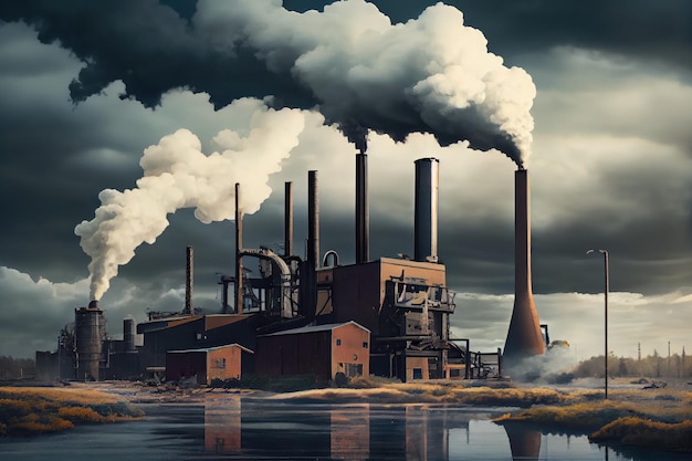 Zellstoff- und Papierfabrik mit Dampf- und Rauchwolken im Hintergrund, erstellt mit generativer KI