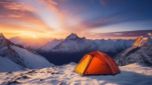 Zelt auf einem schneebedeckten Berg Berge bei Sonnenaufgang