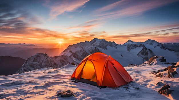 Zelt auf einem schneebedeckten Berg Berge bei Sonnenaufgang