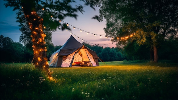 Zelt und Lagerfeuer am Strand bei Sonnenuntergang, romantischer Abend, Camping im Wald, das Konzept von Tourismus und Reisen