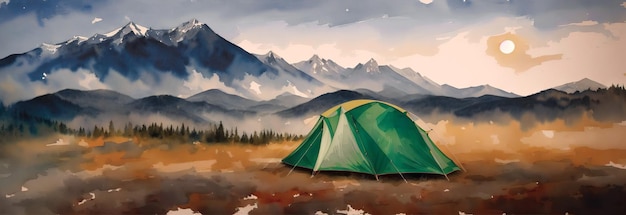 Foto zelt vor dem hintergrund der berge, camping in der wildnis, aquarellzeichnung, generative ai