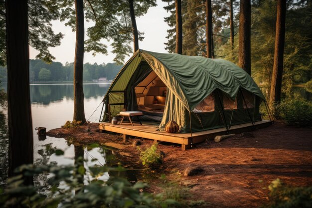 Zelt zum Schlafen unter dem Pinienwald am See