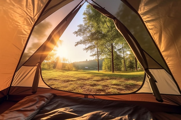 Zeltcamping Illustration der schönen Aussicht aus dem offenen Zelt an einem abgelegenen Ort erstellt