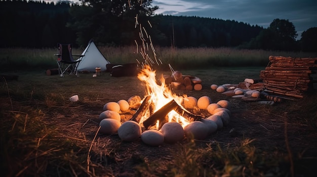 Zelten unter freiem Himmel und Rösten von Marshmallows, generiert von der KI