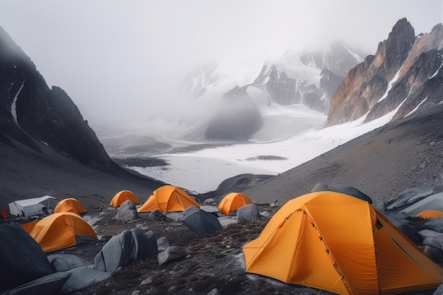 Zeltlager und Orangenzelte auf dem Plateau eines Bergtals der Punkt