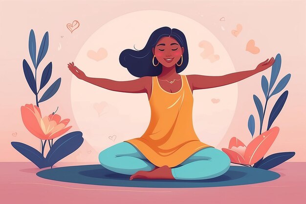 Zen en el amor propio Flujo de energía positiva en el estilo plano Ilustración vectorial de yoga