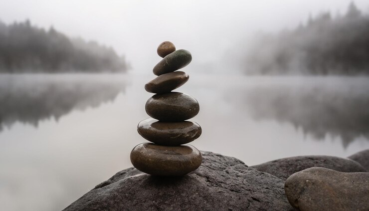 Foto zen balanceando seixos próximos a um lago enevoado