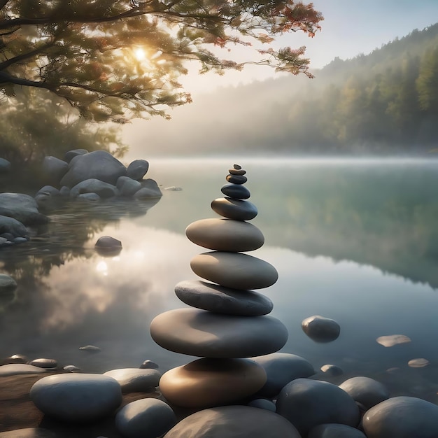 Zen balanciert Kieselsteine neben einem nebligen See