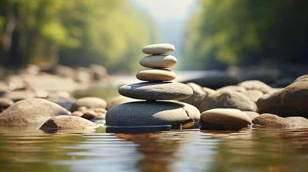 Zen como escena al aire libre con piedras de guijarros equilibradas que evocan la calma y.