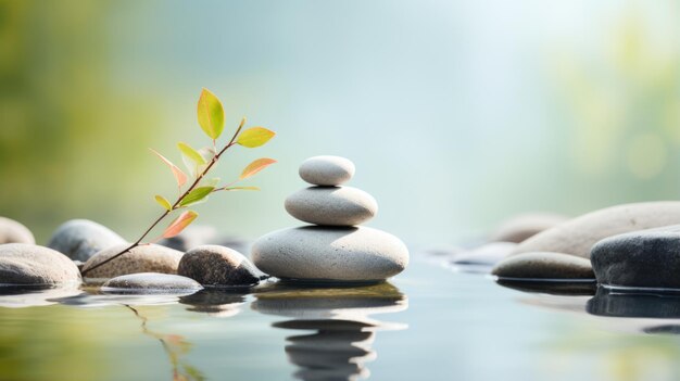 Zen como escena al aire libre con piedras de guijarros equilibradas que evocan la calma y.