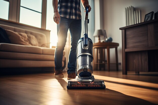 Foto zen doméstico un retrato realista de un tipo aspirando la alfombra en casa trayendo limpieza y