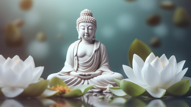 Zen e calma estátua de Buda em uma mesa com flores de lótus branco AI gerado