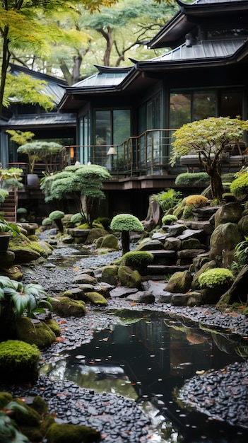 Zen Garden Retreat Encontre a serenidade em um jardim Zen completo com lagoas serenas de cascalho cuidadosamente raspadas e pedras perfeitamente colocadas