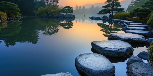 Zen Garden Stepping Stones sobre o lago tranquilo resplandecente