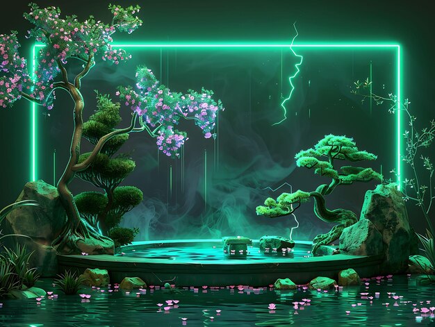 Zen-Garten-Arkanrahmen mit ruhigen Teichen und Bonsai-Bäumen Neonfarben-Hintergrundkunst-Sammlung